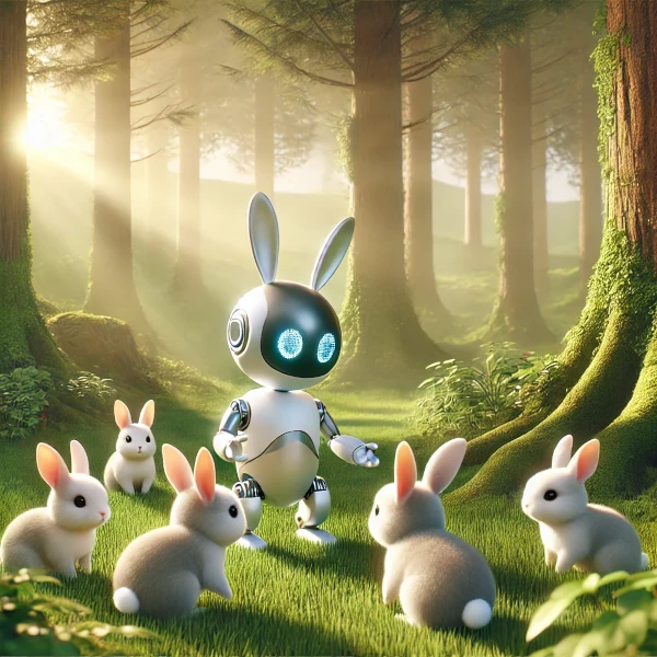 Bunny robot surrounded by 5 cute bunnies.